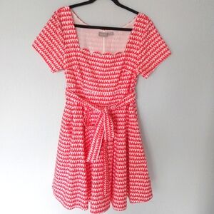 eShakti Red and White Rabbit Print Short Sleeve Lined A-Line Dress w/Tie